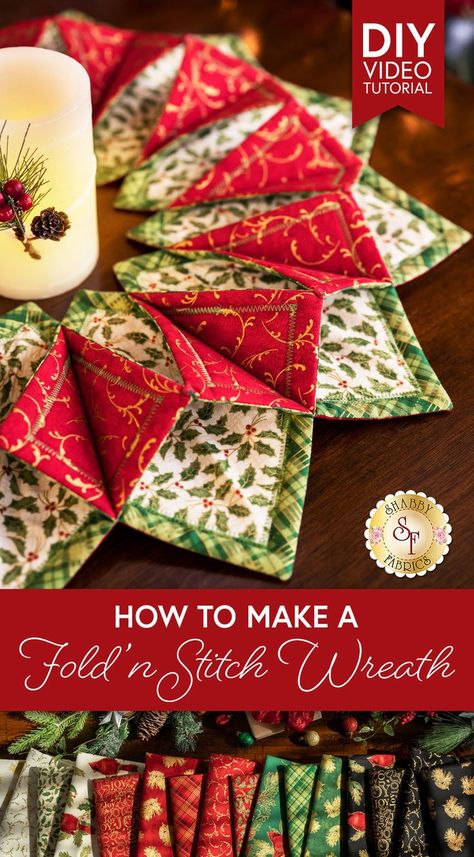 Join Jen as she shares how to create the Fold'n Stitch Wreath! Designed by Poorhouse Quilt Designs and using pre-cut In-R-Form squares to complete the wreath, this dimensional project is a joy to sew and measures to approximately 21" in diameter. Hang it up on the wall or dazzle your guests at the dinner table by displaying this beautiful project as a table topper! However you decide to decorate, this project will be a conversation piece at your next holiday gathering. Makes a great gift! Fabric Candle Holder, Fabric Wreath Tutorial, Stitch Wreath, Fabric Candle, Christmas Quilting Projects, Quilted Table Runners Christmas, Sewing Christmas Gifts, Christmas Table Toppers, Table Topper Patterns