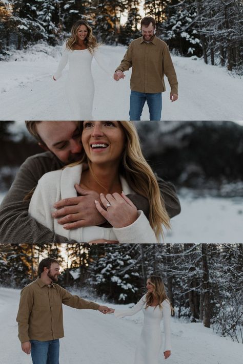 Winter Forest Engagement Photos | Timeless Engagement Photos | Alaska Engagement Photographer | I loved everything about this snowy engagement in Alaska! I was obsessed with all the winter couple aesthetic ideas! Get inspiration for snow engagement photos, non traditional engagement photos, engagement photos winter, and unique engagement photos forest! Book Theresa for your romantic engagement photos or candid couple photos at theresamcdonaldphotographer.com! Snow Engagement Photos Dress, Winter Time Engagement Photos, Snow Engagement Photoshoot, Winter Wedding Engagement Photos, Engagement Pictures In Snow, Cozy Winter Engagement Photos, Classy Winter Engagement Photos, Winter Photoshoot Ideas Couple, Winter Outdoor Couple Photoshoot Ideas