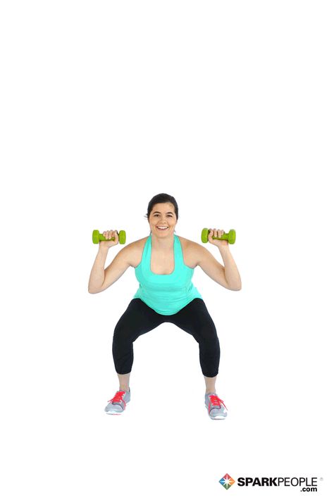 Dumbbell Squat with Calf Raise and Overhead Press Exercise Demonstration via @SparkPeople Flat Dumbbell Press, Standing Overhead Press, Overhead Press Dumbbell, Seated Dumbbell Press, Standing Overhead Dumbbell Press, Flabby Arm Workout, Dumbbell Squat, Dumbbell Press, Leg Day Workouts