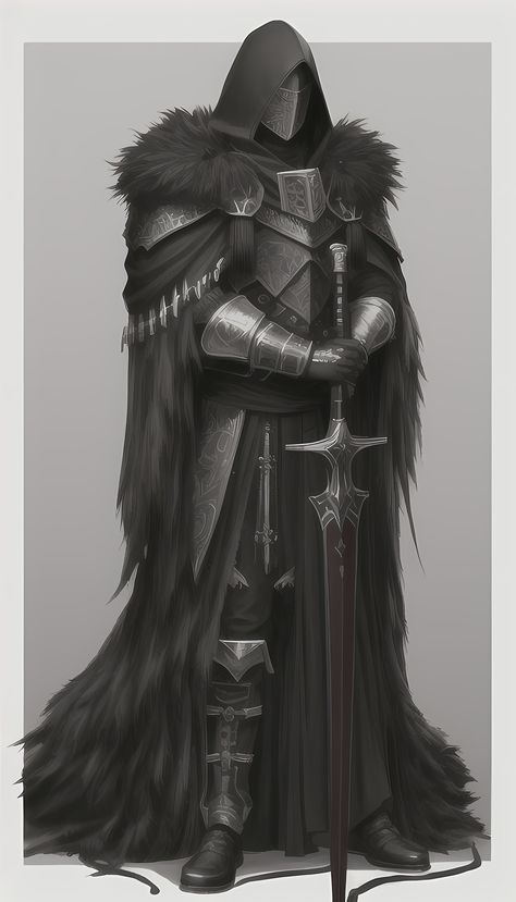 Ravenwing Black Knights, Knight Armour Designs, Dark Lord Character Design, Noble Aesthetic Dnd, Paladin Armor Dnd, Greatsword Character, Possessed Armor, Rusted Knight, Hooded Armor