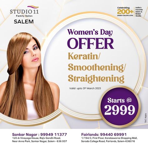 hello ladies.. This Women's day, get ready to rediscover your strength and individuality, with an irresistible offer from studio11, salem Validity upto 31st March.. Book your appointment now.. #salonnearme #saloninsalem #bestsalon #bestbridalmakeupinsalem #keratin #smoothening #straighthair #facepolishing #republicday #specialoffer #salonoffer #haircoloring Beauty Salon Posters, March Book, Car Advertising Design, Face Polish, Best Bridal Makeup, Digital Marketing Design, Mehndi Design Photos, Hello Ladies, Google Business