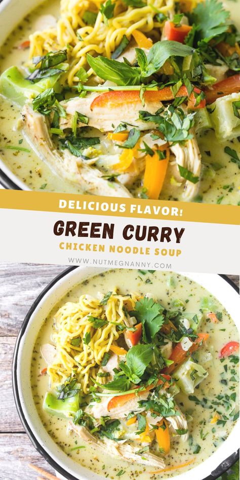 Curry Chicken Noodle Soup, Thai Curry Soup, Curry Soup Recipes, Green Curry Recipes, Green Curry Chicken, Curry Ramen, Rice Noodle Soups, Dinner Favorites, Night Recipes