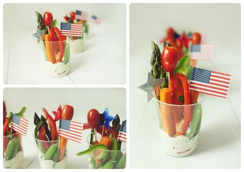 American Veggie Cups Memorial Day Veggie Tray, Veggies Dip, Patriotic Snacks, Veggie Cups, Party Tray, Vegetable Dip, Creative Cooking, Party Trays, Snack Cups