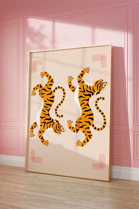 Maximalist Room Decor, Tiger Dance, Maximalist Room, Room Decor Preppy, Wall Art Eclectic, Tiger Wall Art, Art Eclectic, Eclectic Wall Art, Whimsical Fashion