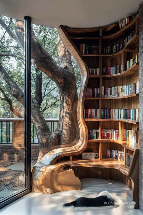 Curved Lines In Interior Design, Books Aesthetic Shelf, Wooden House Design Interior, Wooden Room Design, Dream House Decor Ideas, Stuff For House, Curved Interior Design, Wooden Bedroom Ideas, Cool House Decor