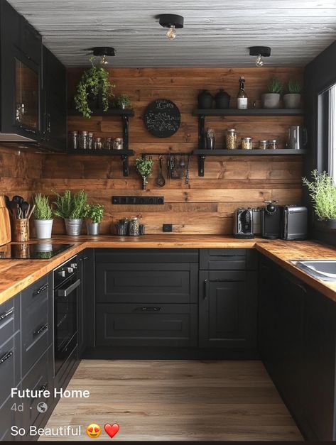 Wooden Counter Tops, Moody Kitchen, Gothic Kitchen, Western Kitchen, Barn Kitchen, Wooden Counter, Boho Kitchen, House Design Kitchen, Cabin In The Woods