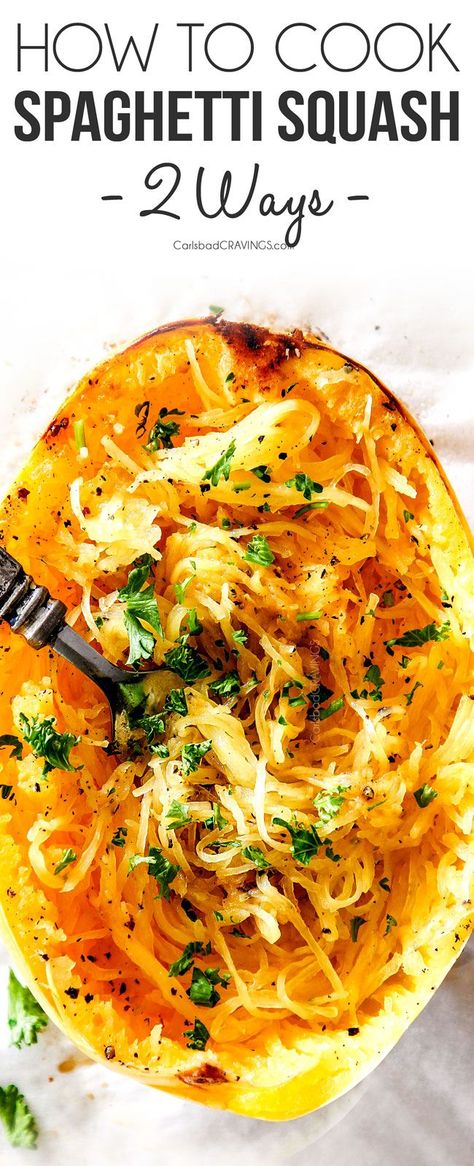 Learn how to cook spaghetti squash in the microwave or oven for a fabulous alternative to pasta without any spiralizers or gadgets! #squash #spaghettisquash #recipes #sidedish #vegetables #vegetarian #vegetarianrecipes #vegetablegarden #vegetablegardenideas #healthyrecipes #healthyeating #healthyfood #healthy Spaghetti Pasta Recipe, Squash In Oven, Long Pasta, Cook Spaghetti Squash, How To Cook Squash, Whole30 Vegan, Diet Lunch, Resep Pasta, Baked Spaghetti Squash