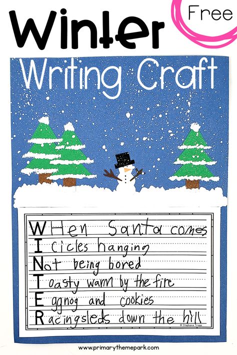 Free Winter Writing Craft.  Hang them together on a bulletin board with the title, "Welcome, Winter!" A Snowy Day Craft, Winter Craft 2nd Grade, Winter Handwriting Activities, Classroom Winter Crafts, Snowflake Writing, Winter Craftivity, 1st Day Of Winter, Winter Writing Activities, Acrostic Poem Template