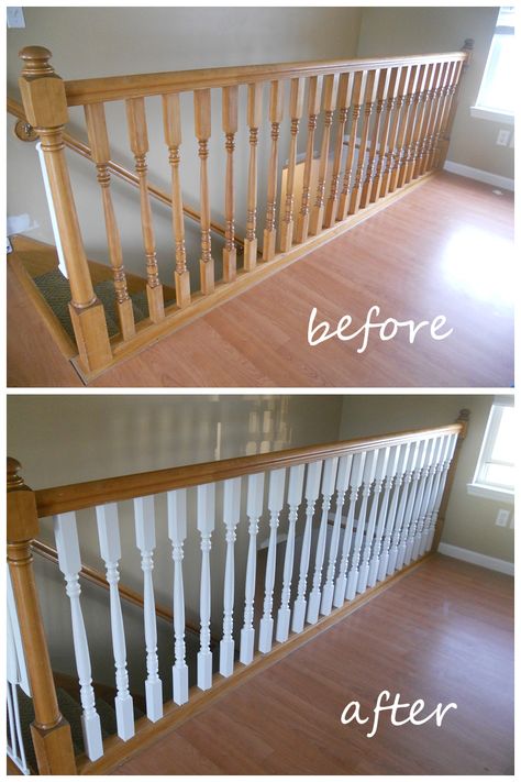 Wooden Spindles Stairs, Painted Spindles, Staircase Banister Ideas, Painted Stair Railings, Cottage Stairs, Stair Banister, Interior Stair Railing, Painted Staircases, Stair Makeover