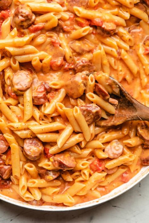 Cheesy Kielbasa Pasta - Cook Dinner Tonight Turkey Kielbasa Pasta, Cheese Kielbasa Pasta, Kalbasa Pasta Dinner Recipes, Kielbasa Pasta Crockpot, Kelbeisa Sausage Pasta Recipes, Hotdogs Pasta Recipes, Pasta Kielbasa Recipes, Cajun Kielbasa Pasta, Kabasa Recipes Easy