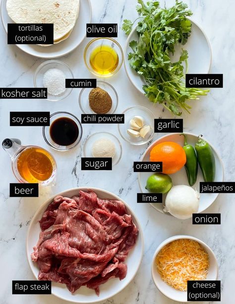 The labeled ingredients for ranchera meat sit on white plates on a white marble counter. Ranchera Meat Recipes, Beer Chili, Meat Marinade, Marinated Steak, Marble Counter, Winter Recipes, Carne Asada, White Plates, Delicious Dinner