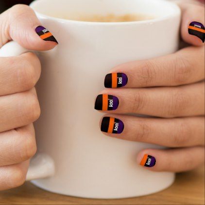 BOO! Orange and Purple Stripes Halloween Nail Art - fun gifts funny diy customize personal Classy Nail Art, Graduation Nails, Fall Months, Minx Nails, Seasonal Nails, Halloween Nail Designs, Halloween Nail, Cute Nail Art, Halloween Nail Art