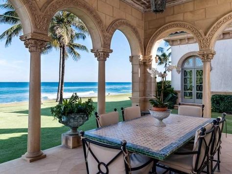 HOUSE OF THE DAY: Custom-built oceanfront Palm Beach mansion with a 50-foot pool lists for $47 Million Mediterranean Porch, Beach Mansions, Carved Stone Fireplace, New York Townhouse, Stone Archway, Beach Mansion, Fisher Island, Luxury Swimming Pools, Mediterranean Architecture