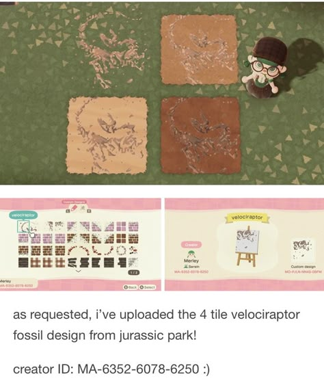 Acnh Footprints Code, Acnh Fossil Dig Site Code, Acnh Dinosaur Dig, Animal Crossing Dinosaur Design, Acnh Footprints, Acnh Archeology, Animal Crossing Jurassic Park, Acnh Dinosaur Designs, Acnh Desert Path