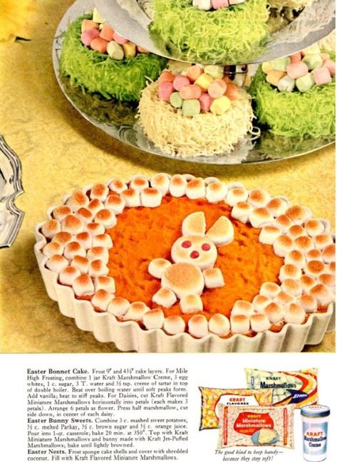 Spring Potluck, Brand Ads, Easter Foods, Lamb Cake, Retro Lifestyle, Retro Desserts, Yellow Basket, How To Make Marshmallows, Easter Vintage