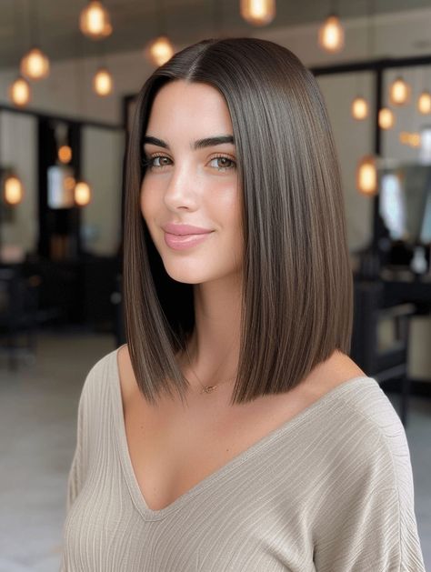 Long Angled Bob Hairstyles, Brown Short Hair, Zicxa Photos, One Length Hair, Sleek Short Hair, Angled Bob Hairstyles, Woman Hair, Long Bob Haircuts, Lob Haircut