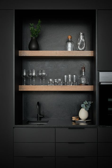 modern kitchen black and walnut, bar photo - corey anthony photography Black Bar In Basement, Black Modern Cabinets, Office Wet Bar Ideas, Black Bar Cabinets Modern, Black Wet Bar Ideas, Modern Bar Ideas For Home, Black Bar Cabinets, Modern Wet Bar Ideas, Black Wet Bar