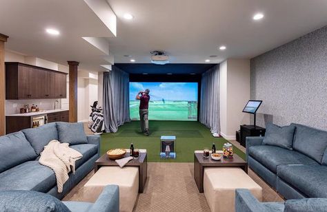 Golf Simulator In Basement, Golf Simulator Home Theater, Basement With Golf Simulator, Golf Simulator Movie Room, Golf Simulator Theater Room, Basement Golf Simulator, Golf Simulator Basement, Golf Simulator Room Design, Basement Gym And Family Room