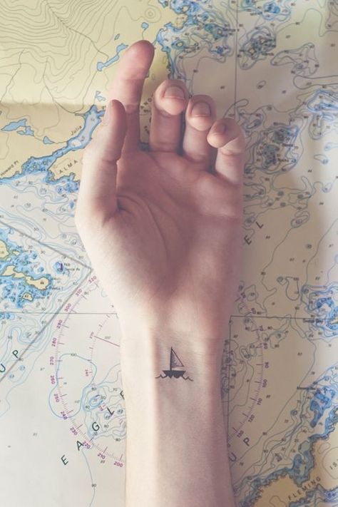 These Nautical Tattoos Will Make You Want to Sail the Seven Seas ... A Small Tattoo, River Tattoo, Sailboat Tattoo, Boat Tattoo, Delicate Tattoo, Ship Tattoo, Cute Tiny Tattoos, Small Tattoo Designs, Little Tattoos