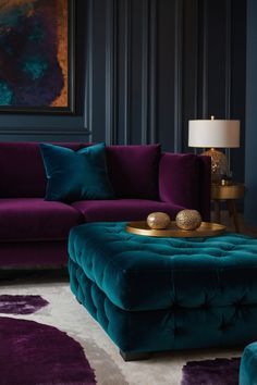 Dark Green And Plum Living Room, Jewel Tone Color Scheme Living Room, Plum And Gold Living Room, Jewel Tone Sitting Room, Teal Couches Living Room Ideas, Velvet Purple Couch, Jewel Tones Interior Design Living Room, Jewel Tone Boho Decor, Dark Apartment Aesthetic Living Room