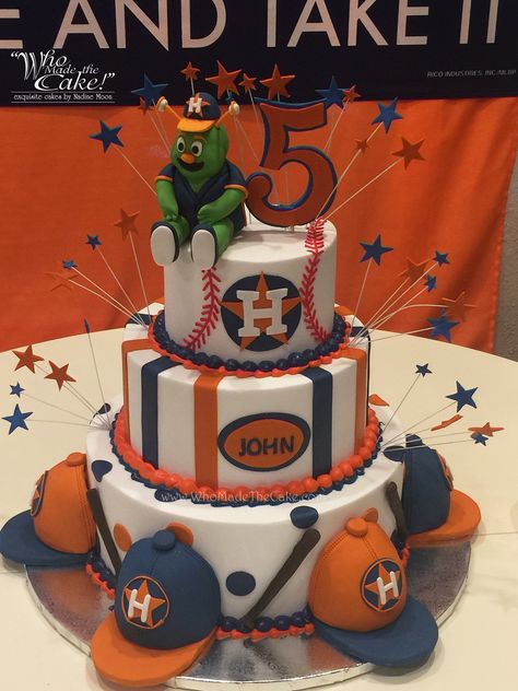 Astros Birthday Cake #OrbitCake #AstrosCake #BaseballCake Houston Astros Cake Ideas, Astros Baseball Cake, Astros Birthday Party, Astros Baseball Party, Houston Astros Birthday Party, Astros Cake, Parade Float Diy, Baseball Cakes, Groomsman Cake