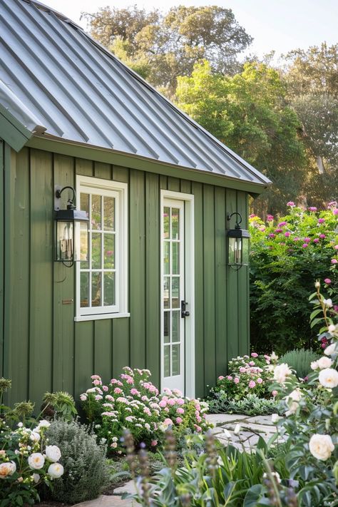 100+ Fresh Green Home Exteriors for Max Curb Appeal Simple Exterior House Design, Green Sheds Painted, Woodshed Ideas, Green Home Exterior, Green House Paint, Outdoor House Paint, Sage Green House, Town Inspiration, Green House Exterior