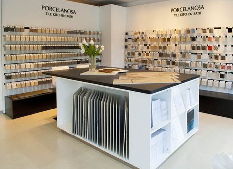 Porcelanosa Showroom – Rabaut Material Library Interior Design, Material Showroom Design, Carpet Showroom Design, Kitchen Showroom Ideas, Material Library Design, Kitchen Showroom Design, Material Showroom, Furniture Showroom Design, Interior Design Office Studio