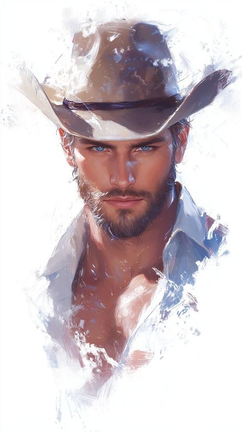 This captivating digital painting features a person wearing a wide-brimmed hat and an open-collared shirt. The artwork employs a dynamic, impressionistic style with bold brushstrokes and a vibrant color palette. The hat, rendered in earthy tones, contrasts with the cooler hues of the shirt and background, creating a striking visual balance. The artist's technique gives the image a sense of movement and texture, making it feel almost alive. The blurred face adds an element of mystery, inviting viewers to imagine the story behind the figure. Blurred Face, Light Skin Guys, Renan Pacheco, Design For Book, Cowboy Men, Drawing With Pencil, Pencil And Watercolor, Visual Balance, Face Male