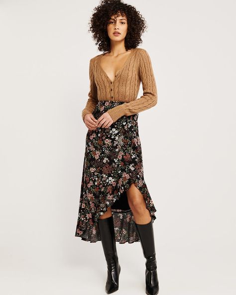 Womens Ruffle Wrap Midi Skirt | Womens Bottoms | Abercrombie.com Fall Midi Skirt, Fall Midi, Midi Skirt Fall, Ruffle Wrap Skirt, Wrap Midi Skirt, Womens Denim Skirts, Midi Wrap Skirt, White Denim Skirt, Boho Style Outfits