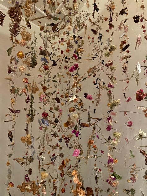 Fried Flower Wall, Diy Hanging Flowers From Ceiling, Dried Flower Chandelier, Koti Diy, Flower Chandelier, Indoor Design, Hanging Flower Wall, Hanging Flowers, Diy Hanging