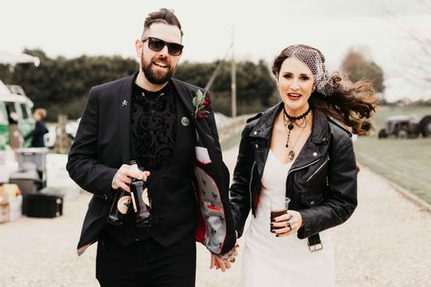 Informal Heavy Metal Wedding · Rock n Roll Bride Punk Groom Attire, Punk Wedding Suit, Alt Groom Attire, Mens Alternative Wedding Attire, Metal Themed Wedding, Heavy Metal Wedding Theme, Metal Head Wedding, Wedding Rock N Roll, Punk Groom