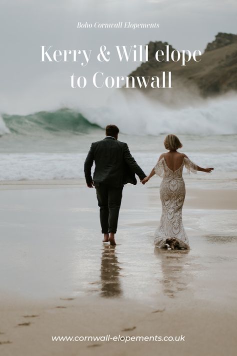 Boho Cornwall  Elopement Couple run to the Sea Cornwall Elopement, Cornish Coastline, Places In Cornwall, Cornish Wedding, Cornwall Wedding, Sea Cave, Dramatic Sky, West Cornwall, Beach Ceremony