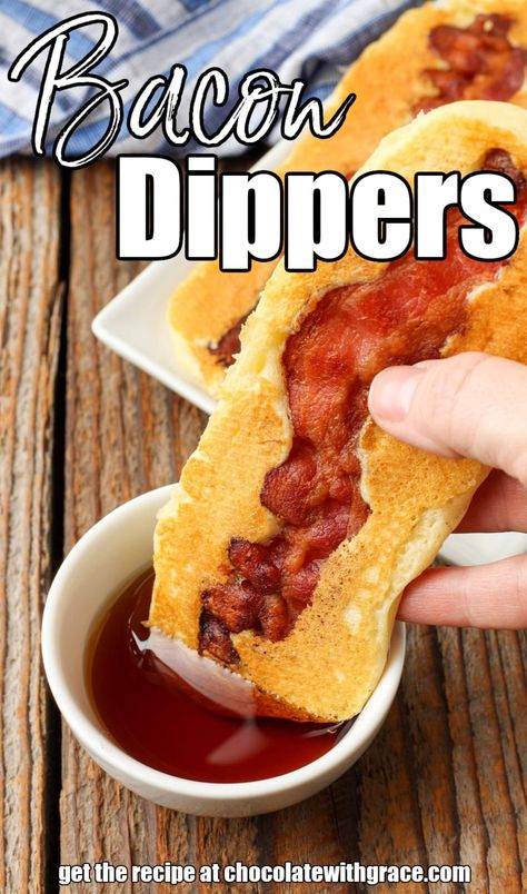 Bacon Pancake Dippers with maple syrup Pancake Dipped Bacon, Pancake Bacon Strips, Maple Bacon Pancake Bites, Battered Bacon, Bacon Pancake Dippers, Maple Bacon Pancakes, Bacon Pancake, Pancake Dispenser, Pancake Dippers