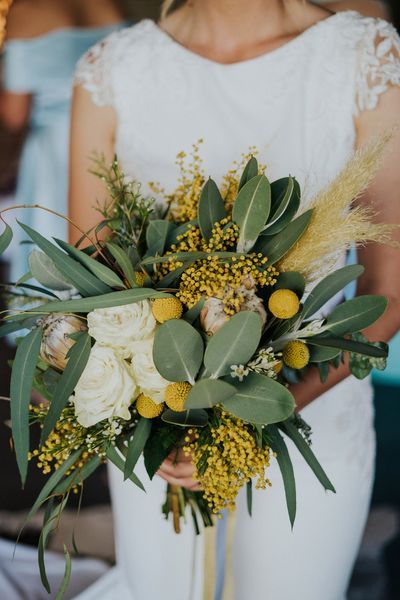 Wattle Bouquet, Yellow Wedding Flowers Bouquet, Eucalyptus Wedding Bouquet, Yellow Wedding Bouquet, Tropical Wedding Bouquets, Bright Bouquet, Yellow Wedding Theme, Green Wedding Bouquet, Sunflower Wedding Bouquet