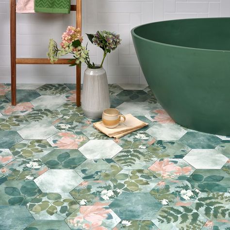 National Trust Tile Collection by Sarsen Stone Group Printed Tile, Floral Tiles, Flooring Trends, Large Format Tile, Hexagon Tiles, Green Tile, Bathroom Collections, National Trust, Wooden Crates