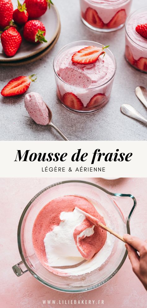 Une recette légère et fruitée pour le dessert : la Mousse de fraise ! Très simple à réaliser, avec de bons fruits de saison, elle est fondante et aérienne comme un nuage. Avec seulement 6 ingrédients, préparez ces jolies mousses pour le dessert ! Dessert Leger, Strawberry Things, Recipe Strawberry, Strawberry Mousse, Dessert Recipies, Mousse Dessert, Creme Dessert, Dessert Aux Fruits, Fruity Desserts