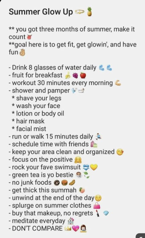 Summer glow up, you can do before summer starts! Summer Body Workout Plan, Summer Checklist, Summer Prep, Body Glow, Teen Advice, Practicing Self Love, The Glow Up, Self Care Bullet Journal, Teen Summer