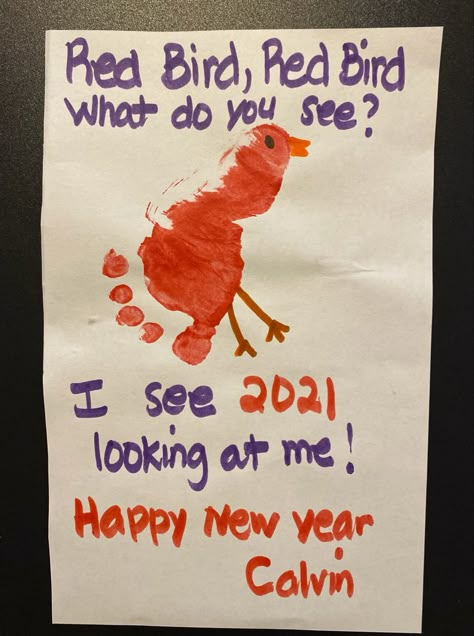 New Years Arts And Crafts For Toddlers, New Years Baby Art, New Year Toddler Art, New Years Toddler Art, January Baby Crafts, January Art For Infants, New Year Footprint Art, Red Bird Red Bird What Do You See Craft, New Year Footprint Crafts