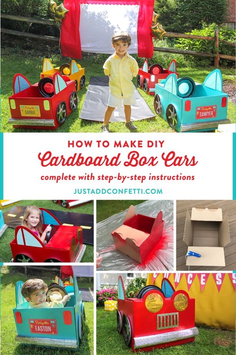 Easy Cardboard Box Car, Drive Thru Movie Party Ideas, Box Drive In Cars, Wearable Cardboard Box Train, Drive In Box Car Ideas, Kids Drive In Movie Party Cars, Car Made Out Of Cardboard Boxes, Wearable Cardboard Box Car, Car Box Ideas For Kids