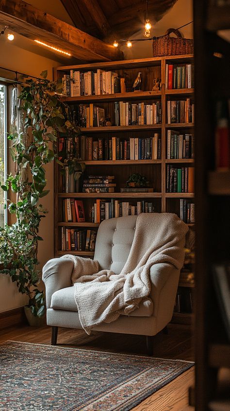 Create your ideal Taurus reading nook with an oversized armchair, piled high with soft throw blankets. 🌿📚 A wooden bookshelf brims with your favorites, bathed in warm lighting. ☕ Decorate with nature-inspired accents for a tranquil, earthy vibe. Perfect for getting lost in a book! ✨ Writing Nook Cozy, Cozy Reading Chair Aesthetic, Earthy Reading Nook, Reading Armchair Corner, Reading Corner By Window, Reading Nook Ideas For Adults Cozy, Reading Nook With Fireplace, Moody Reading Nook, Book Nook Chair