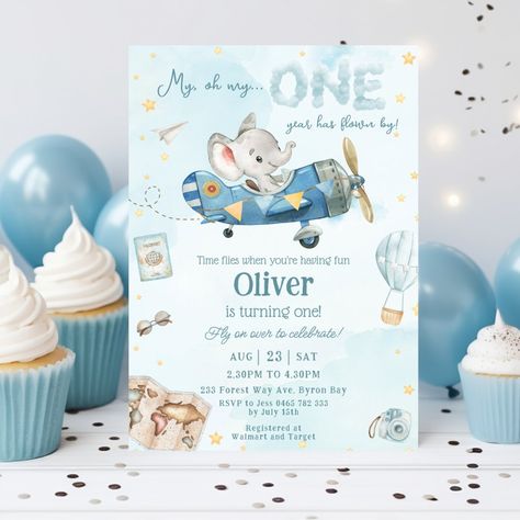 Cute Elephant Plane Time Flies One 1st Birthday Invitation Cute Birthday Party Themes, Airplane Birthday Party Ideas, Animals Baby Shower Ideas, Happy Birthday Sweetie, Plane Birthday, Elephant Riding, Time Flies Birthday, Planes Birthday