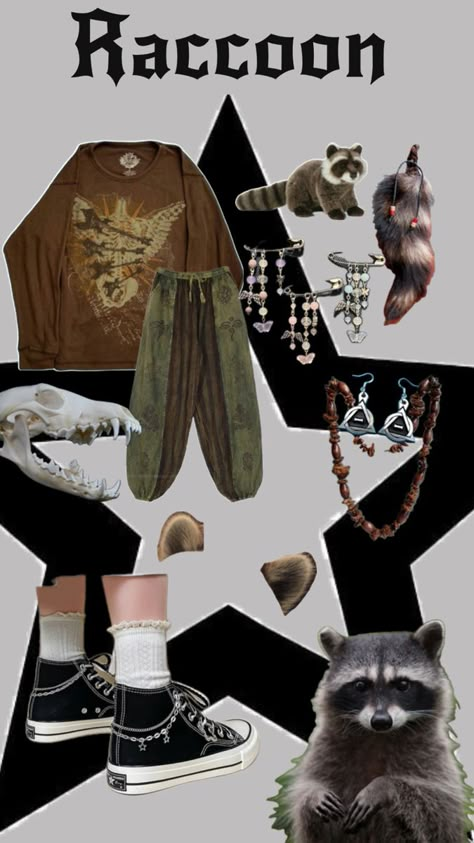 Raccoon Outfit, Goblincore Outfits, Mint Outfit, Grunge Fits, Animal Tails, Goblin Core, Alt Outfits, Earthy Outfits, Animal Masks