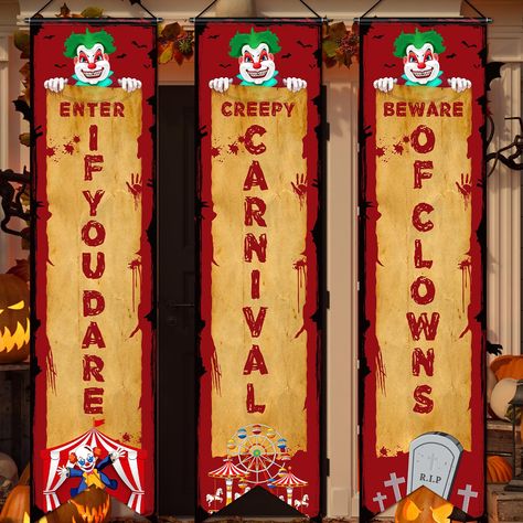 PRICES MAY VARY. Polyester Halloween Party Decorations: the scary clown decorations include 1 piece [enter if you dare] banner, 1 piece [creepy carnival] banner and 1 piece [beware of clowns] banner, create a spooky atmosphere with these 3 pieces Halloween evil circus porch banners creepy carnival party decorations, which ideal for indoor and outdoor use Creepy Themed Design: our carnival banner for Halloween features a scary clown banner design, and printed with creepy words, [enter if you dare Evil Circus, Welcome Sign Funny, Scary Carnival, Carnival Banner, Carnival Signs, Carnival Party Decorations, Halloween Maze, Creepy Carnival, Halloween Circus