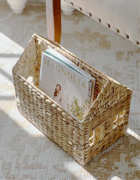 Gold Curtain Rods, Magazine Basket, House Magazine, Magnolia Journal, Mismatched Plates, Basket Holder, Decorating For Fall, Old Greeting Cards, Thistlewood Farms