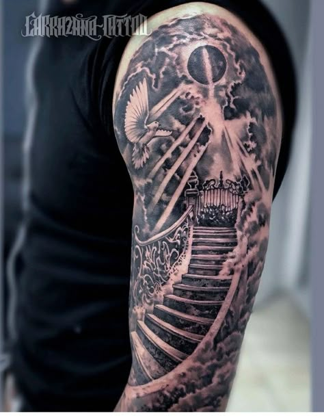 Heaven Gates Tattoo Design Shoulder, Highway Tattoos For Men, Highway To Heaven Tattoo, Christian Upper Arm Tattoo Men, Pearly Gates Tattoo, Heaven Stairs Tattoo, Stairway To Heaven Tattoo Forearm, Stair Way To Heaven Tattoo, Stairway To Heaven Tattoo Sleeve