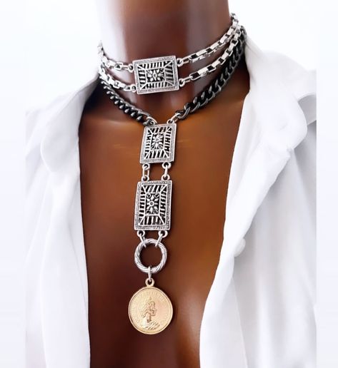 "Embrace the art of statement accessories with this stunning choker! ✨ Featuring multiple layers of dark metallic chains, intricate rectangular pendants, and a unique medallion with a touch of vintage flair. Paired perfectly with a crisp white V-neck top for that instant chic appeal. Elevate your outfit with this striking piece that exudes elegance and individuality! 💫follow us for more!#chokers #chokerset #earrings #handmade #handmadegifts #handmadewithlove #necklaceoftheday #necklaces #shop... Elevate Your Outfit, Square Nail, Square Nail Designs, Statement Accessories, Square Nails, Earrings Handmade, Choker, Nail Designs, Necklaces