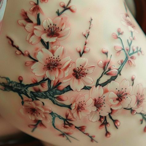 Adorn your thigh with the timeless elegance of cherry blossoms by #Imagella. This tattoo is more than just art; it's a symbol of life's precious, ephemeral moments. #CherryBlossomTattoo #ThighTattoo #Blossom #BodyArt Cherry Blossom Thigh Tattoo, Cherry Blossom Tattoo Thigh, Thigh Piece, Blossom Tattoo, Cherry Blossom Tattoo, Life Symbol, Japanese Cherry Blossom, Thigh Tattoo, Cherry Blossoms