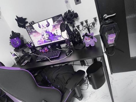 Goth Gamer Setup, Goth Pc Setup, Goth Gamer Room, Gothic Gaming Setup, Goth Gaming Setup, Purple Pokemon, Kuromi Room, Games Room Inspiration, Gaming Room Ideas