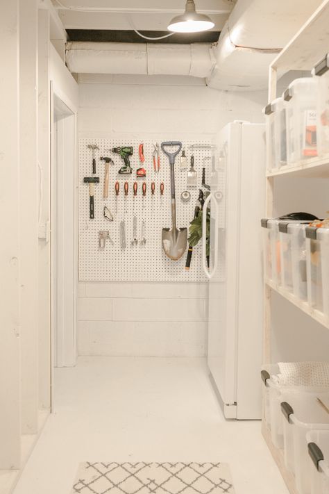 White Pegboard, Laundry Room Storage Shelves, Small Laundry Room Organization, Room Storage Diy, Storage Room Organization, Basement Storage, Small Laundry Room, Large Closet, Laundry Room Storage