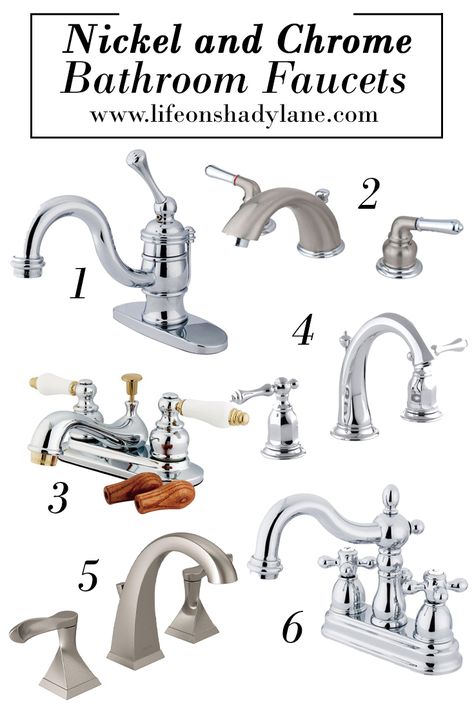 Nickel and Chrome Bathroom Faucets - Affordable and Pretty! Brushed Nickel Bathroom Fixtures, Bathroom Faucet Ideas, Satin Nickel Bathroom Fixtures, Polished Chrome Bathroom Fixtures, Nickel Bathroom Fixtures, Polished Nickel Bathroom Fixtures, Bathroom Fixtures Brushed Nickel, Kohler Bathroom Faucet, Chrome Bathroom Fixtures